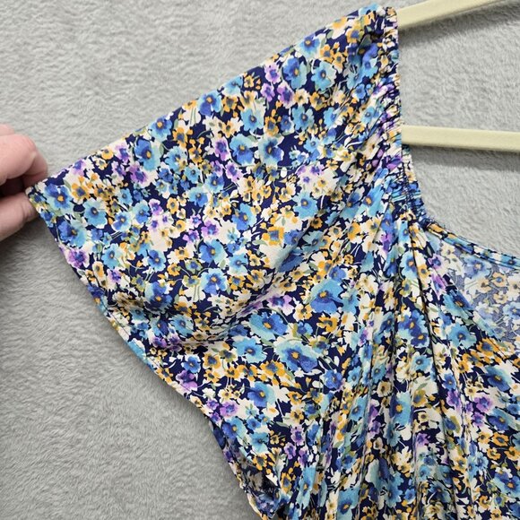 Lush 2X Navy Floral Blouse Square Neck Tie Crop Front Short Sleeve Light FLowy - Picture 2 of 7